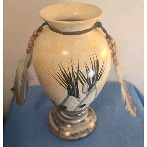Native American- Style Vase With Feathers Indian ~ 12" Hand Painted - SHIPS FREE